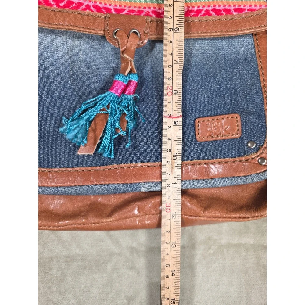 The Sak Ventura Convertible Backpack Crossbody Bag Brown Leather Denim Woven